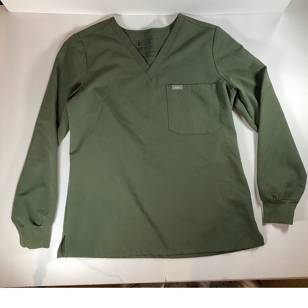 Figs Technical Scrub Top Wmn's S Moss/Olive Green Long Sleeve V-Neck EUC